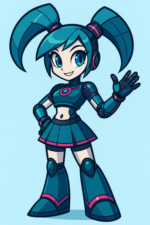 Cartoon of Jenny 2.0: a smiling girl with teal twin-tails and a headset in a futuristic teal-and-pink outfit, waving