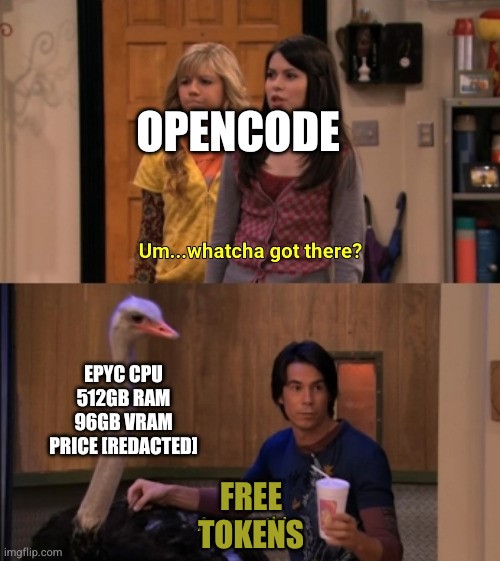 Two-panel meme: girls ask 'whatcha got there?' next to a high-end machine spec list, punchline 'FREE TOKENS'