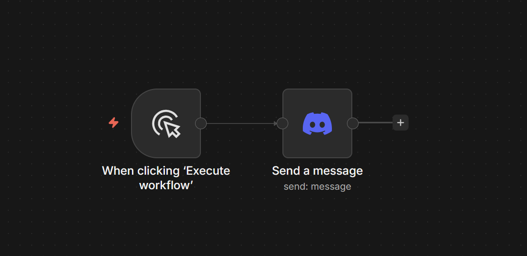 n8n workflow canvas with just a trigger node connected to a Discord send-message node