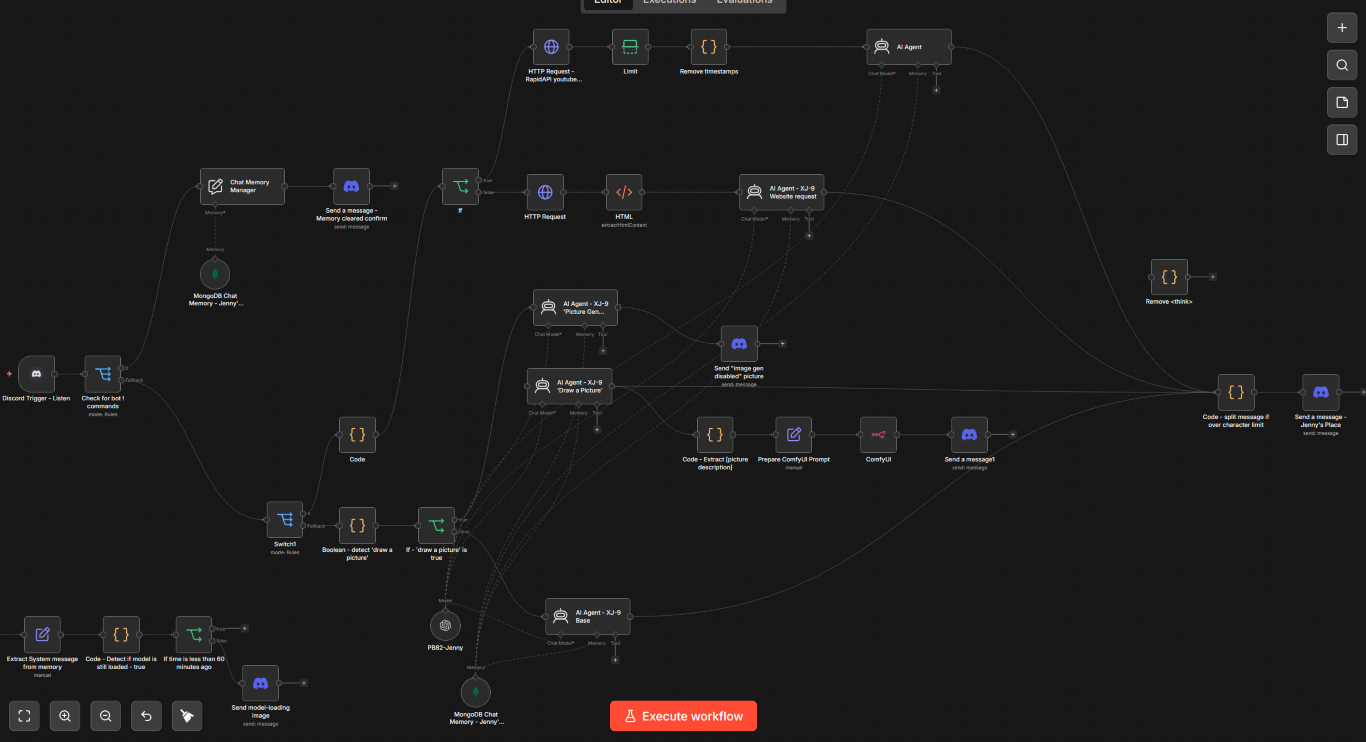 n8n workflow editor showing the full node graph for the XJ-9 Discord AI chatbot