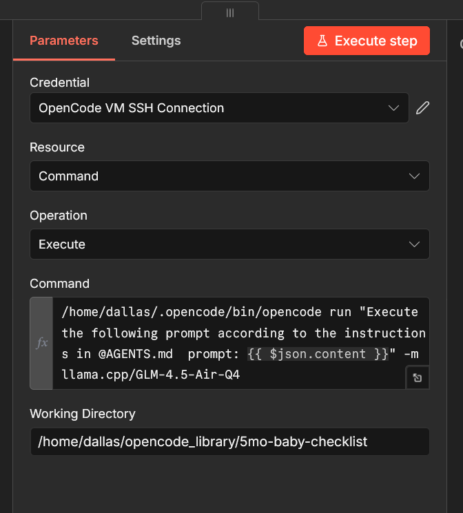 n8n step configuration panel running an OpenCode CLI command over an SSH connection